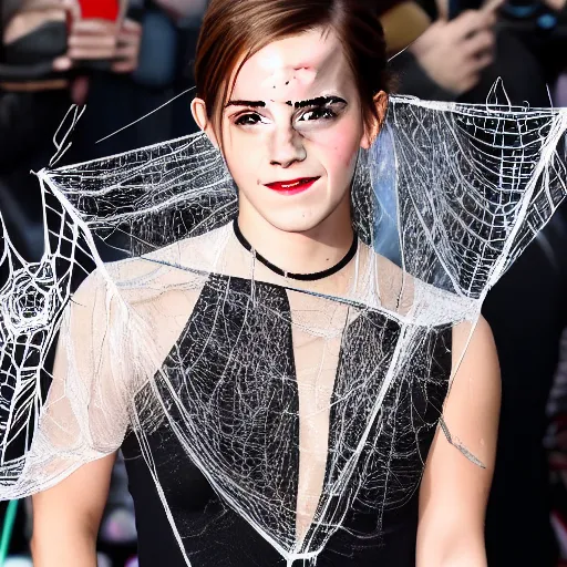 Prompt: emma watson hanging and trapped in a giant spider web with face - covered