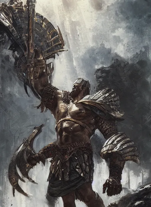 Image similar to ancient historically accurate depiction of the Bible Character Goliath of Gath, the Philistine warrior giant in ancient persian chainmail armor, dramatic lighting art by Yoji Shinkawa by Richard Schmid by greg rutkowski by Sandra Chevrier by Jeremy Lipking cinematic dramatic