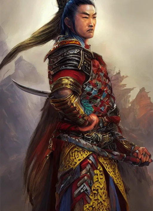 Image similar to chinese warrior curtain hair, looking down, dndbeyond, bright, colourful, realistic, dnd character portrait, full body, pathfinder, pinterest, art by ralph horsley, dnd, rpg, lotr game design fanart by concept art, behance hd, artstation, deviantart, hdr render in unreal engine 5