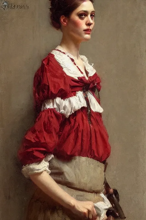 Prompt: Solomon Joseph Solomon and Richard Schmid and Jeremy Lipking victorian genre painting full length portrait painting of a young beautiful woman traditional german barmaid in traditional costume, red background