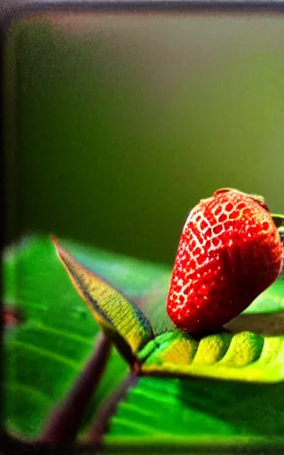 Image similar to iphone photo of a strawberry flower, wide angle, grainy