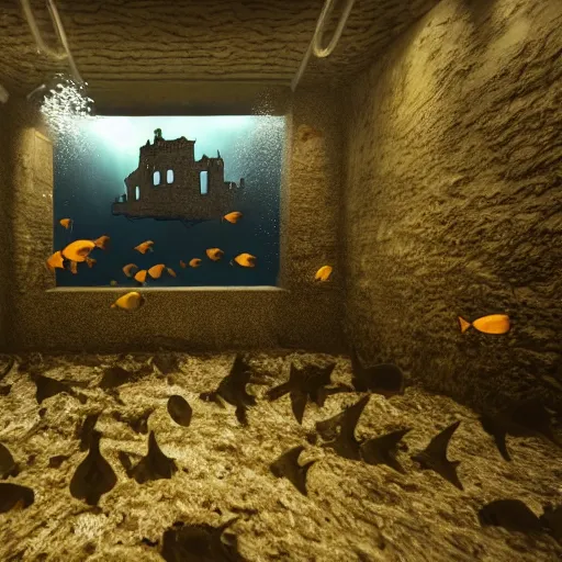 Image similar to underwater edinburgh castle, deep underwater, fish shoal, concept art in style of Greg Rutkowki, dynamic lighting, 8k, very very very highly detailed, hyper realistic realistic, shot on gopro 8