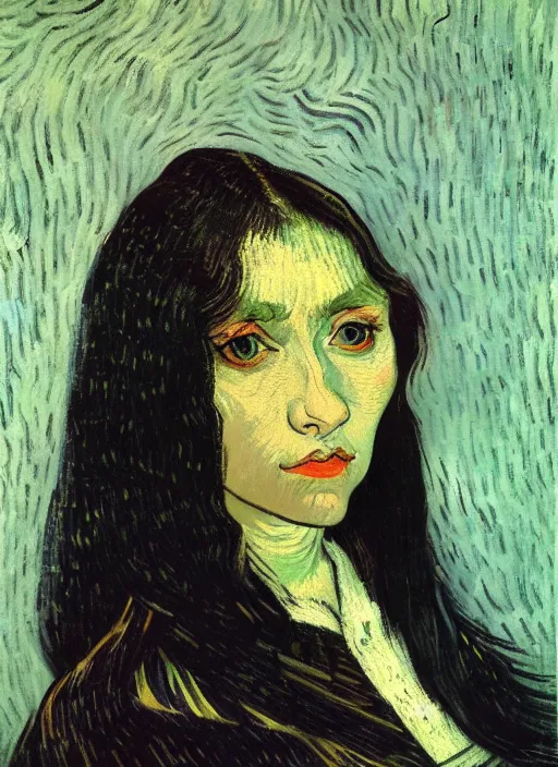 Prompt: portrait of a woman with long black hair, detailed beautiful face in painting, detailed beautiful portrait, expressionist oil painting masterpiece, 8 k resolution, smooth, sharp focus, pastel color palette, trending on artstation, by van gogh