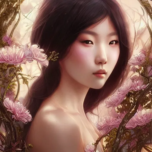 Prompt: Hyperrealistic beautiful sexy ethereal asian girl portrait, art nouveau, fantasy, intricate flower designs, elegant, highly detailed, sharp focus, art by Artgerm and Greg Rutkowski and WLOP