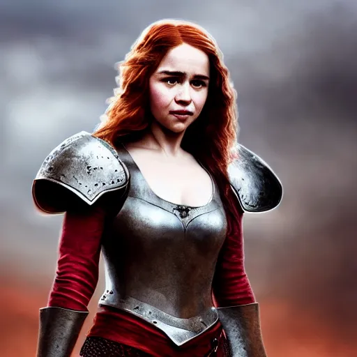 Image similar to emilia clarke, as a medieval fantasy character, with dark reddish hair, wearing light, silver armor and red clothing, tan complexion, holding a longsword, smiling, noble, cinematic, gloomy, realistic, digital art, character art, 8 k