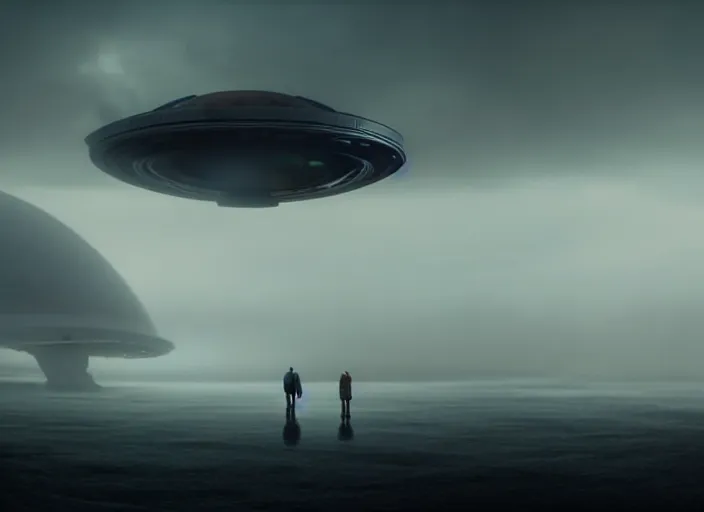 Image similar to a lot of people are watching an alien ship in the form of a sphere flying over them, fog, rain, volumetric lighting, beautiful, mystique, golden hour, sharp focus, ultra detailed, concept art, gilles beloeil, andy park, jan urschel, dylan cole, noir art house, 4 k, 3 5 mm, fujifilm