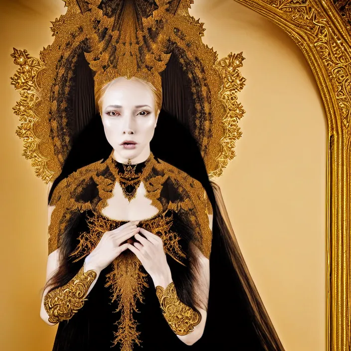 Image similar to photo portrait of a beautiful woman like a queen-dark -angel, dressed in long elegant intricate ornamental gold dress, intricate fractal ornament in the ,upper side of breast, bust with a very long neck , elegant, highly detailed intricate baroque ornament in her blond long hair, Realistic, Refined, Highly Detailed, Cinematic outdoor Lighting, fine art photography by Flora Borsi, volumetric lighting, natural colors scheme , hyper realistic photography