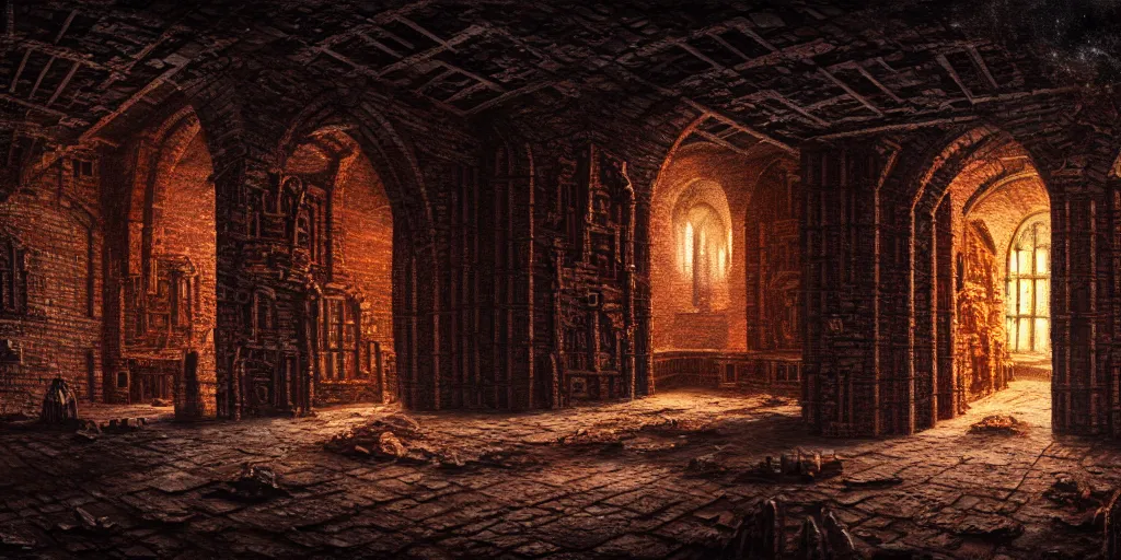 Image similar to a cosmic horror monstrosity inside of a medieval brick castle, matte oil painting, concept art, extremely detailed, disturbing, cinematic, award - winning, 4 k, 8 k
