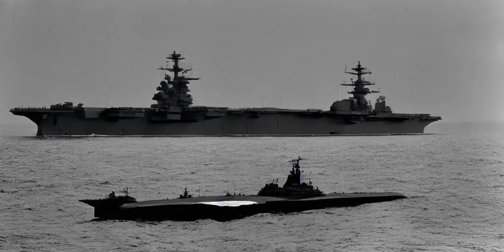 Image similar to a black monolith floats in the sky. aircraft carrier in background. 1 9 5 0, archive photo