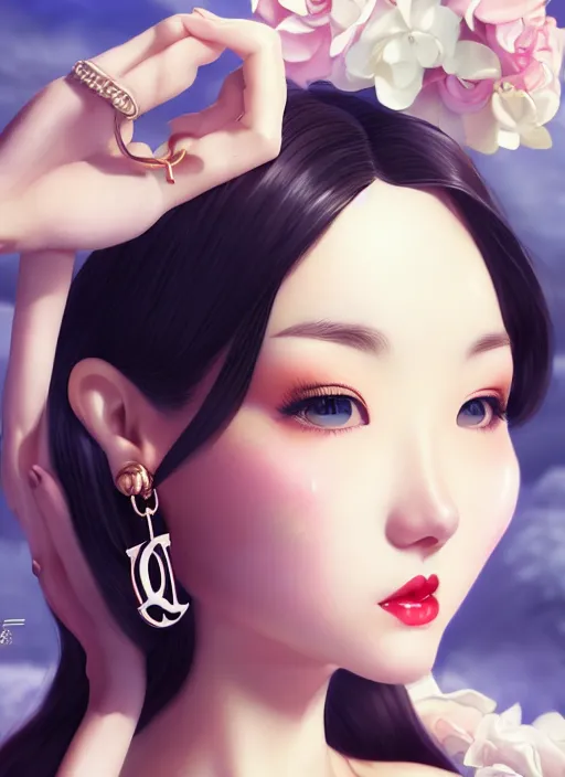 Image similar to a pin up and beautiful fashion dreamlke japan girl with lv jewelry, character art, art by artgerm, wlop, loish, hyperdetailed, 8 k realistic, symmetrical, global illumination, radiant light, frostbite 3 engine, cryengine, dof, trending on artstation, digital art, chanel, dior, detailed background