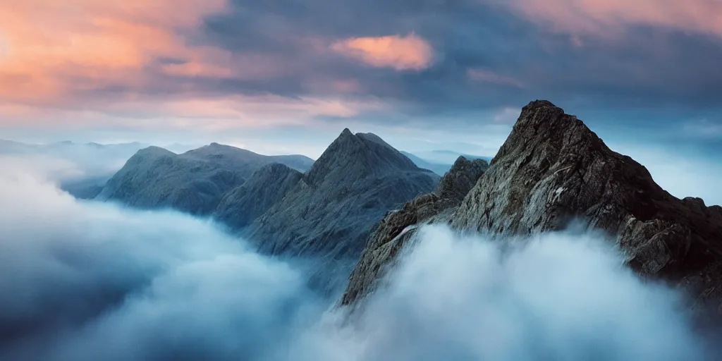 Image similar to Crib Goch!!!!!!!!!!! ridge, rays, epic, cinematic, photograph, atmospheric, dawn, golden hour, sunrise, sky, clouds, lake, arthouse cinema, Sofia Coppola, soft focus