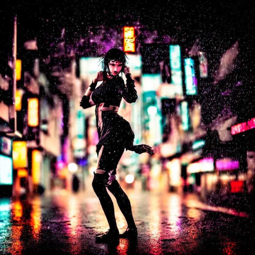 Image similar to a photo close up cyberpunk woman dancing in the rain, cyberpunk hiroshima, prefecture streets, midnight, photorealistic, cinematic lighting, highly detailed, bokeh, style by tomino - sama