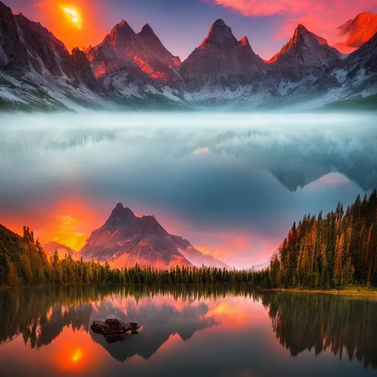 Prompt: beautiful landscape photography by marc adamus, mountains, a lake, mist, reflections, ufo, sunset, dramatic sky