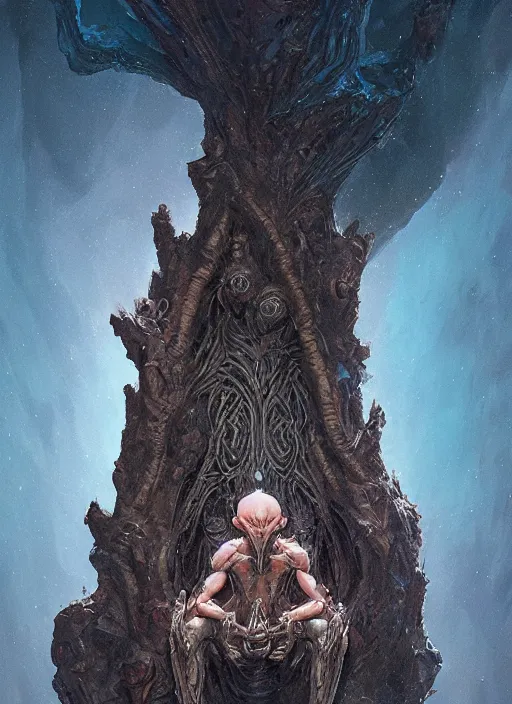 Image similar to hyper realistic photography of intricate symmetric strange alien child god sitting on ruined ornamented opal throne in a crystal cave detailed, greg rutkowski, mignola, moebius, artstation, cgsociety