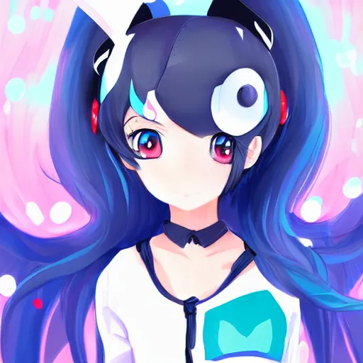 Image similar to digital anime art , a anime girl in a school outfit wearing a orca on her head, posing for the camera, blue eyes Rossdraws, WLOP