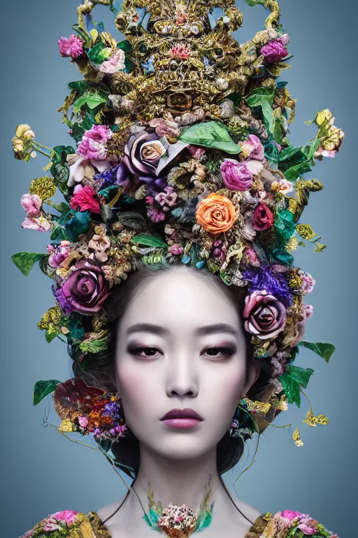 Image similar to a beautiful portrait of a singular empress, with a brilliant, impossible striking big flower headpiece, clothes entirely made out of flowers, symmetrical, dramatic studio lighting, rococo, baroque, jewels, asian, hyperrealism, closeup, D&D, fantasy, intricate, elegant, highly detailed, digital painting, artstation, octane render, 8k, concept art, matte, sharp focus, illustration, art by Artgerm and Greg Rutkowski and Alphonse Mucha