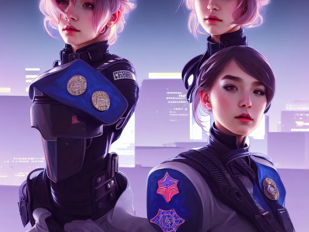 Image similar to portrait futuristic police uniform girl, at future neon light united state america rooftop, ssci - fi and fantasy, intricate and very very beautiful and elegant, highly detailed, digital painting, artstation, concept art, smooth and sharp focus, illustration, art by tan zi and ayanamikodon and alphonse mucha and wlop