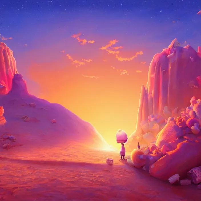 Image similar to desert made from icecream and candies, caramel colorful sun, luminescent sky, handsome, intricate, detailed, volumetric lighting, scenery, digital painting, highly detailed, artstation, sharp focus, illustration, 8 k, hyper realistic, magic world, cartoon