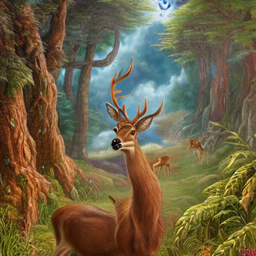 Prompt: a detailed fantasy painting of a deer in a forest looking at a robot city, by lauri blank, artgerm, evelyn de morgan, 8K, 50mm lens
