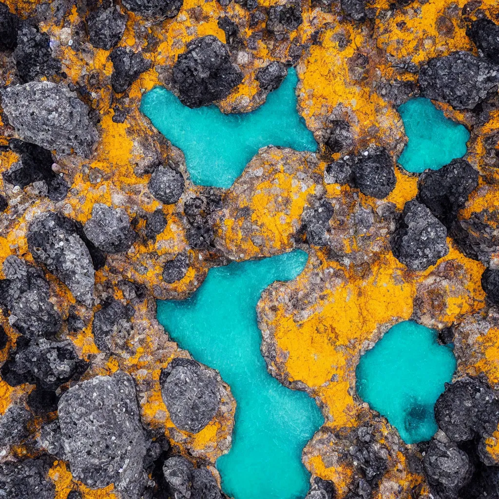 Image similar to golden boulders, black volcanic rock with colorful pools of bright milky paint, birds eye view