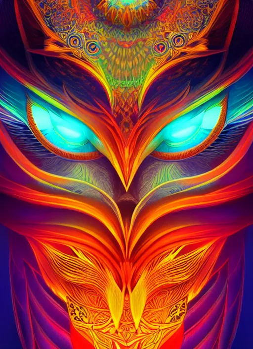 Image similar to symmetry!! product render poster vivid colors divine proportion owl, 神 圣, glowing fog intricate, elegant, highly detailed, digital painting, artstation, concept art, smooth, sharp focus, illustration,