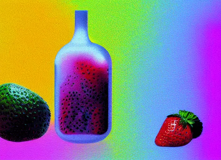 Image similar to ( ( dither ) ), editorial illustration strawberries blueberries sliced kiwi sliced lemon inside a clear drinking bottle, ( ( isometric ) ), modern art deco, ( ( mads berg ) ), karolis strautniekas, stippled light, fog, fine texture, dynamic composition, matte print, ( ( unreal engine ) ), surrealism, colorful