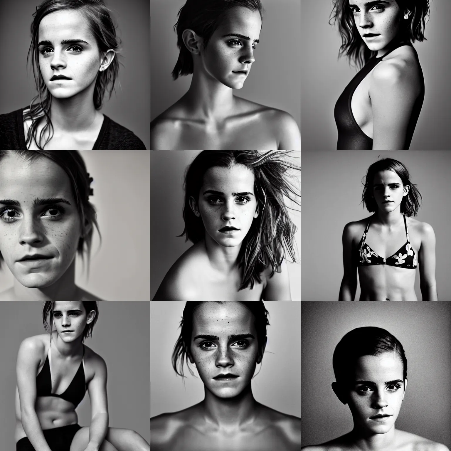 Prompt: Photo of Emma Watson in swimsuit, soft studio lighting, photo taken by Lee Jeffries for Abercrombie and Fitch, award-winning photograph, 24mm f/1.4