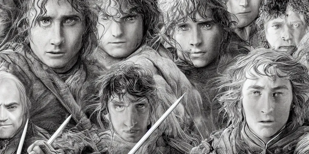 Image similar to close up pencil sketch of middle earth and hobbits ,digital art, high detail, hyper realistic,