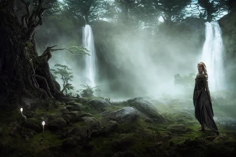 Image similar to an ultra realistic, cinematic, fantasy portrait, of an elden ring elf, fairy lights, facial features, background of a vast serene landscape, with trees and waterfalls, detailed, deep focus, movie still, dramatic lighting, ray tracing, by michal karcz and yoshitaka amano