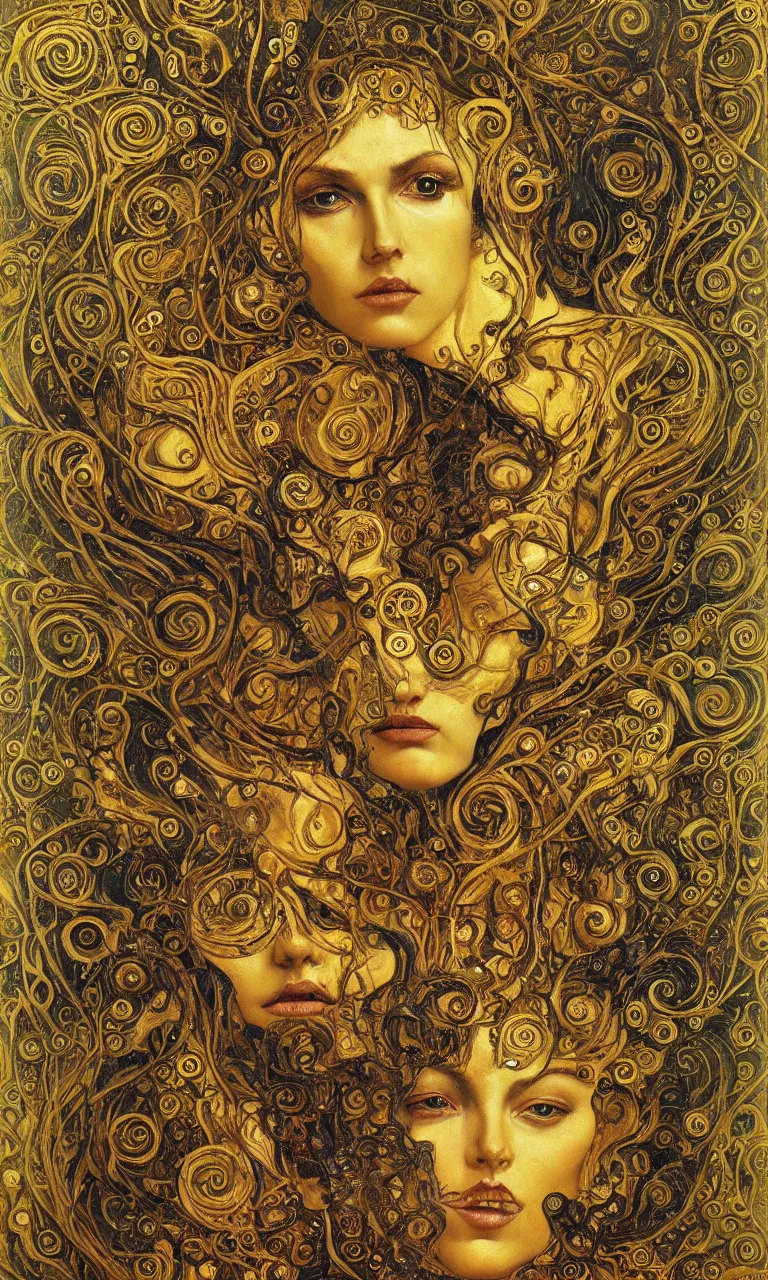 Image similar to Divine Chaos Engine portrait by Karol Bak, Jean Deville, Gustav Klimt, and Vincent Van Gogh, sacred geometry, visionary, mystic, fractal structures, ornate gilded medieval icon, spirals