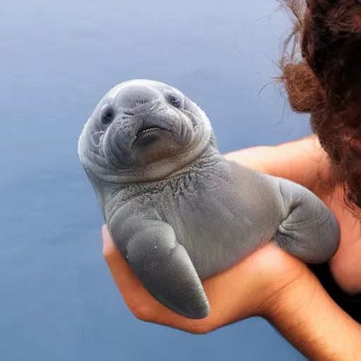 Image similar to incredibly fantastically stupendously fluffy tiny pygmy baby manatee being cradled by a person, realistic, fantasy, pet, adorable, national geographic