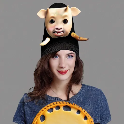 Image similar to cheese head hat fashion with cows popping out of the holes very detailed, hyper realistic