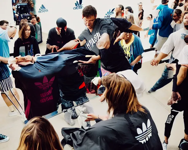 Prompt: incredible absurd surreal closeup of people getting new adidas clothes, people enjoying their new clothes in the style of michael bay action movie, vsco film grain