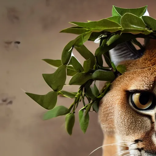 Prompt: caracal, laurel wreath on his head, in laurel wreath, dressed in laurel wreath, has a laurel wreath, long shot photo, cinematic, high detail, cinematography, vfx, 8 k