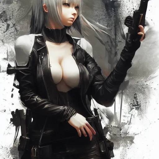 Image similar to painting of yorha no. 2 type a wearing skintight leather jacket holding a gun, by jeremy mann, fantasy art, dynamic lighting, artstation, poster, volumetric lighting, 4 k, award winning