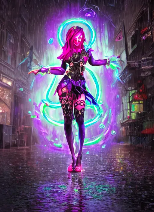 Prompt: An epic fantasy comic book style full body portrait painting of a very beautiful cybergoth Hula Dancer in the rain, neon reflections in the rain puddles, character design by Mark Ryden and Pixar and Hayao Miyazaki, unreal 5, DAZ, hyperrealistic, octane render, cosplay, RPG portrait, dynamic lighting, intricate detail, cinematic