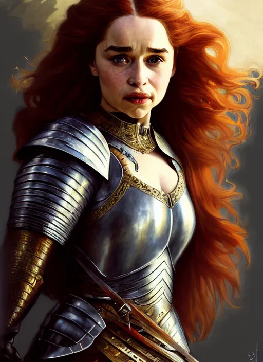 Image similar to staring seductevely portrait of emilia clarke as a knight, medival armor, redhead, sword, dark ages, intricate, headshot, highly detailed, digital painting, artstation, concept art, sharp focus, cinematic lighting, illustration, art by artgerm and greg rutkowski, alphonse mucha, cgsociety