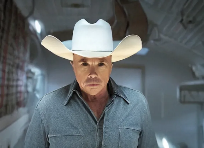 Image similar to film still of Clint Howard as Cooper with cowboy hat on in Interstellar, 4k