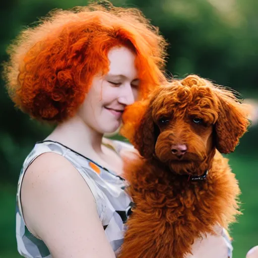 Image similar to a beautiful pale woman with orange hair holding both a curly headed baby boy and also a brown poodle, abstract