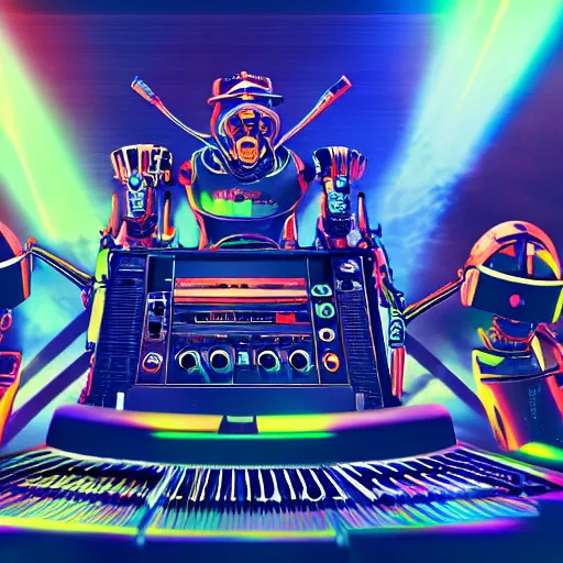 Prompt: album art, the band name is roborock, techno music, band with 3 steampunk futuristic robots on a dj desk with a cd mixer, 8 k, flourescent colors, halluzinogenic, multicolored, exaggerated detailed, front shot, 3 d render, octane