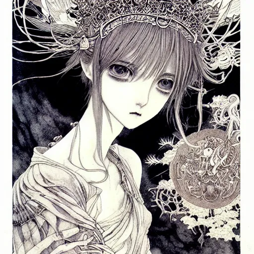 Image similar to prompt: Fragile looking vessel portrait soft light drawn by Vania Zouravliov and Takato Yamamoto, inspired by Fables, ancient crown, magical and alchemical weapons, soft light, white background, intricate detail, intricate ink painting detail, sharp high detail, manga and anime 2000