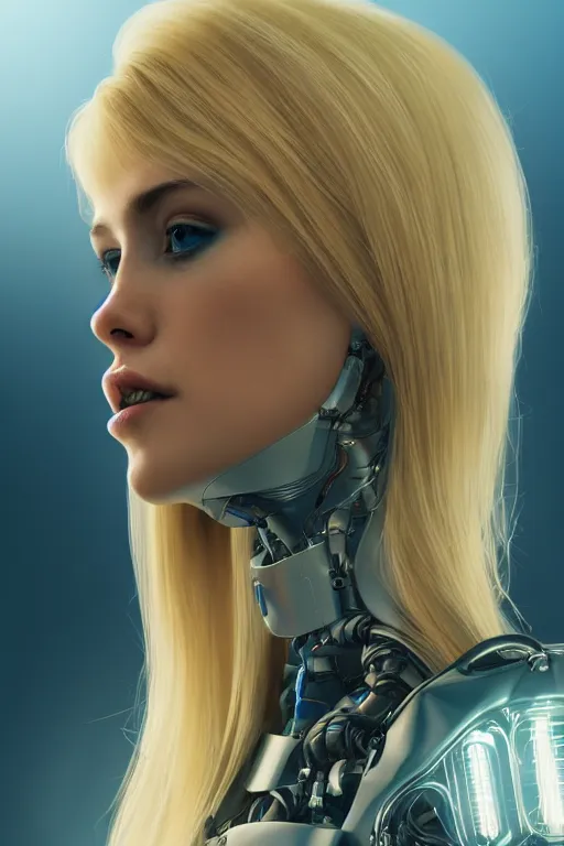 Image similar to a beautiful woman with blonde hair wearing robot suit with wires and light, highly detailed, photorealistic, artstation, smooth