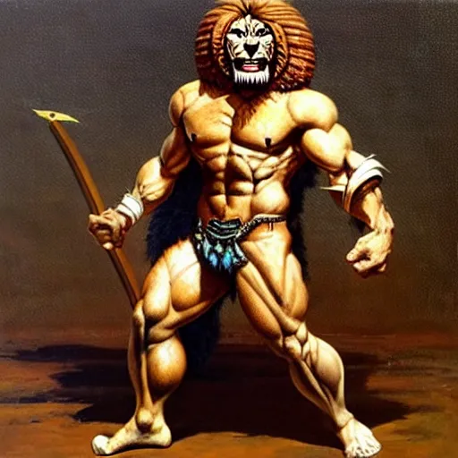 Image similar to muscular lion as barbarian hunter full body ,human legs ,very textured detailed oil painting by Frank Frazetta