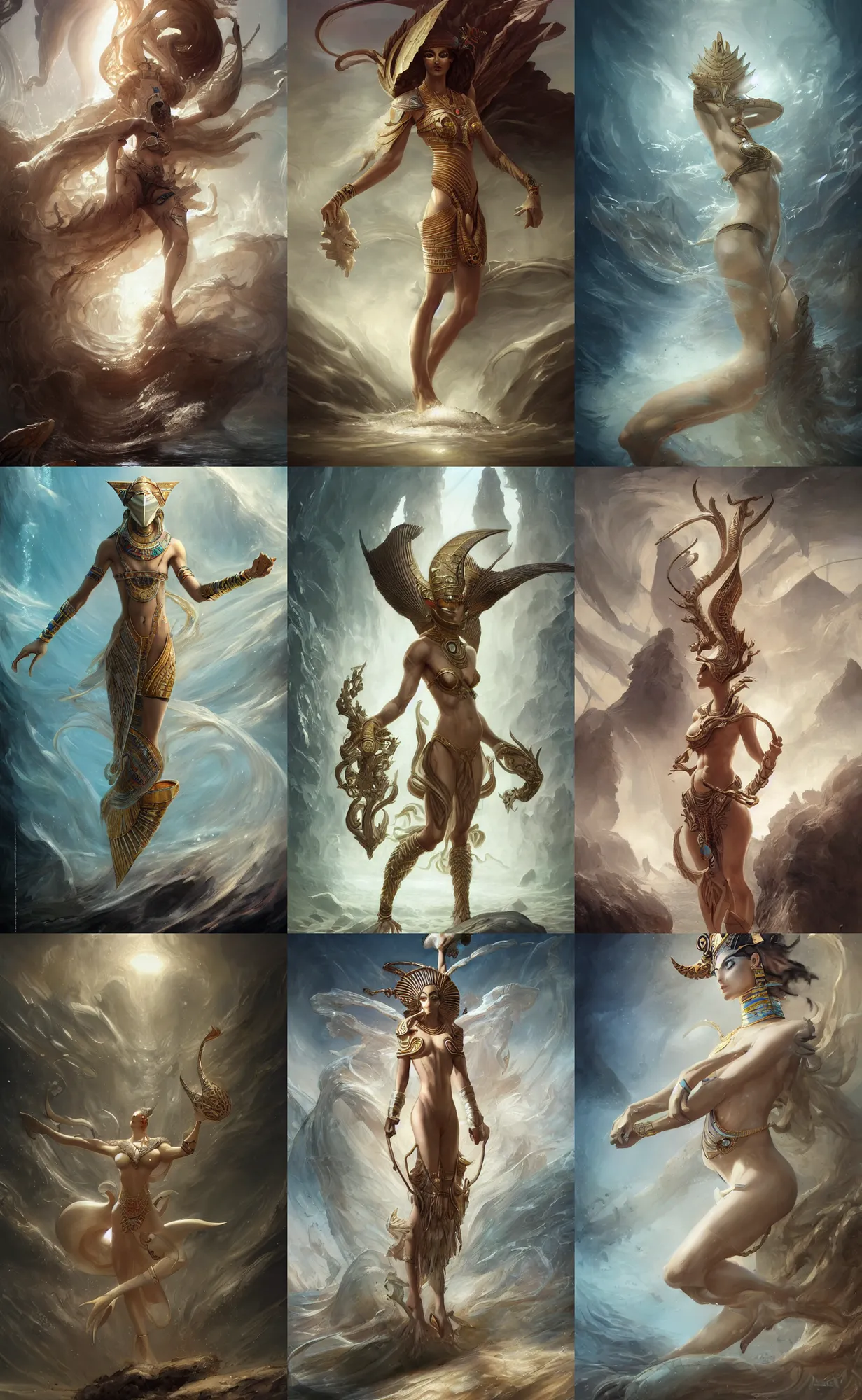 Prompt: ivory skin, wind egyptian god, full body shot, underwater, highly detailed, digital painting, artstation, concept art, sharp focus, illustration, orientalism, art by aleksi briclot and mohrbacher and raphael lacoste and magali villeneuve