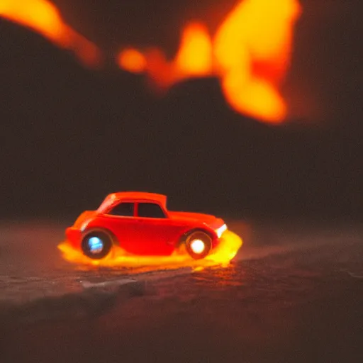 Image similar to macro photography of a toy hot wheels car driving through a forest fire, 3 5 mm