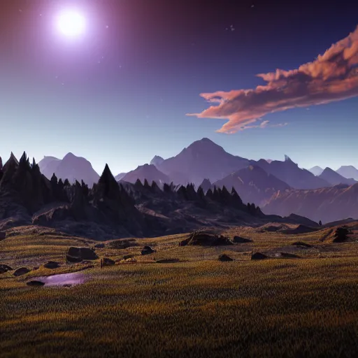 Image similar to small dark black solar eclipse above mountains, highly detailed, photorealistic shot, bright studio setting, studio lighting, crisp quality and light reflections, unreal engine 5 quality render