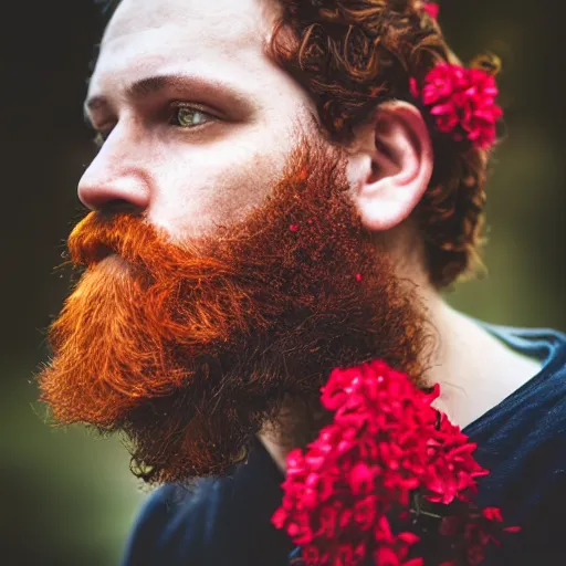 Image similar to “a man's face in profile, short beard, curly red hair, made of flowers, in the style of the Dutch masters, dark and moody XF IQ4, f/1.4, ISO 200, 1/160s, 8K, RAW, unedited, symmetrical balance, in-frame”