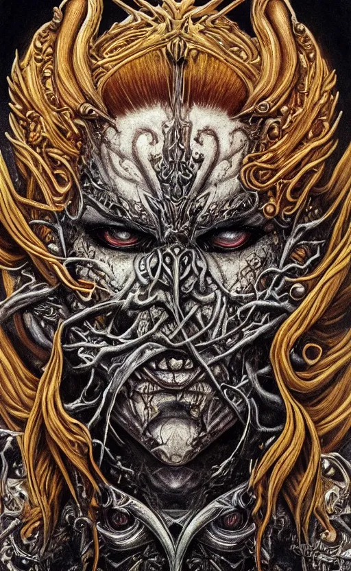 Image similar to Elden Ring themed painting of hybrid majestic aztec warrior fantasy biomechanical human beautiful immortal angel symmetrical face angry mask closeup face breathing mask tattoo pattern golden ratio concept, deep forest psytrance Neo-Gothic concept, infinity glyph waves, intricate artwork masterpiece, very coherent artwork, cinematic, full frontal facial features by Artgerm, Takato Yamamoto, Zdizslaw Beksinski, Johnatan Wayshak, Moebius, Ayami Kojima, very coherent artwork, trending on cgsociety, ultra high quality model, production quality cinema model, high detail chromatic ink outline, octane render, unreal engine 8k, hyper realism, high detail, octane render, unreal engine, 8k, High contrast