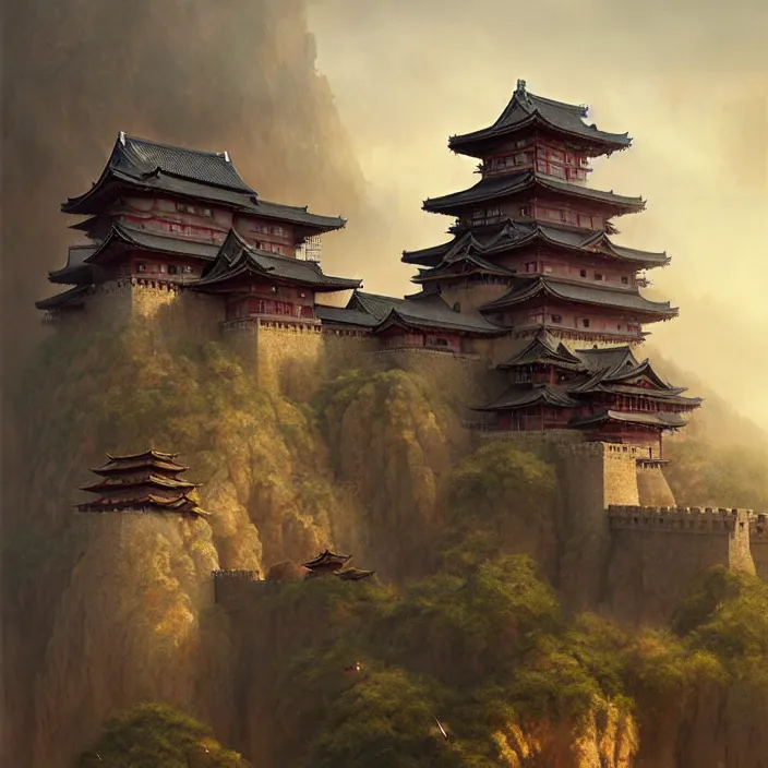 Prompt: matte painting by marc simonetti, jonathan solter, greg rutkowski of a japanese castle, masterpiece, cinematic, hyperdetailed, photorealistic, hyperrealism, architecture, aerial view,