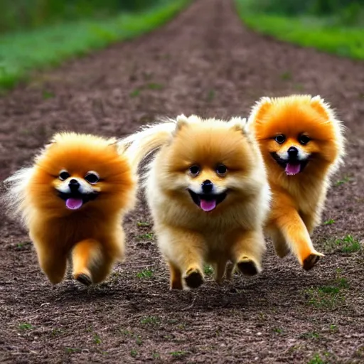 Prompt: 100 orange pomeranians happily running down a hill